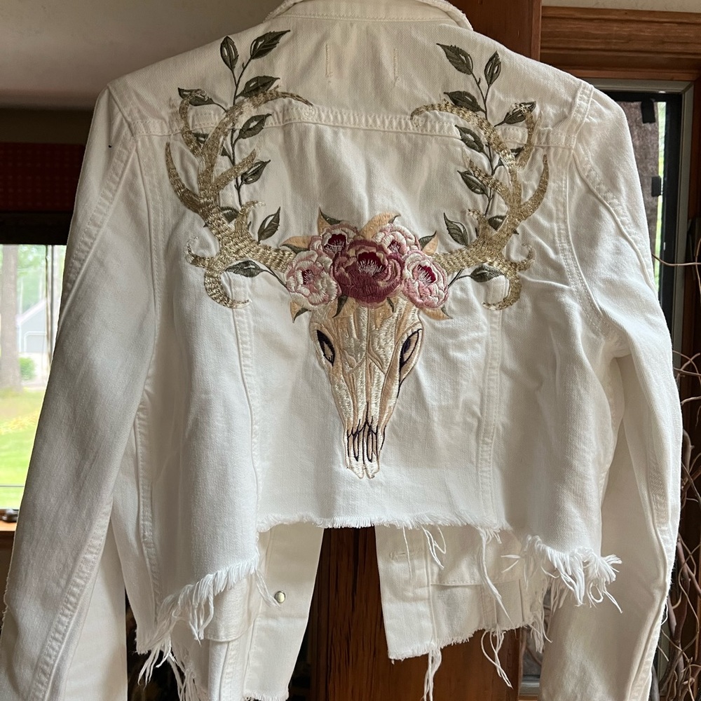 Denim jacket by Driftwood jeans co-white embroidered